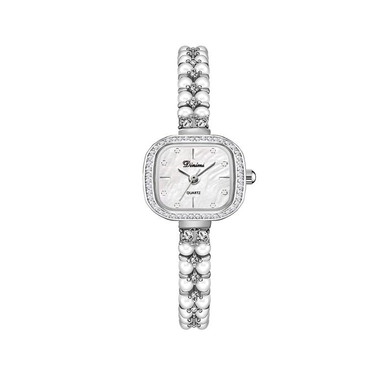 Ceas de cuarț pătrat cu diamante la modă de lux ușoară, temperament elegant, brățară de perle, ceas de zi cu zi