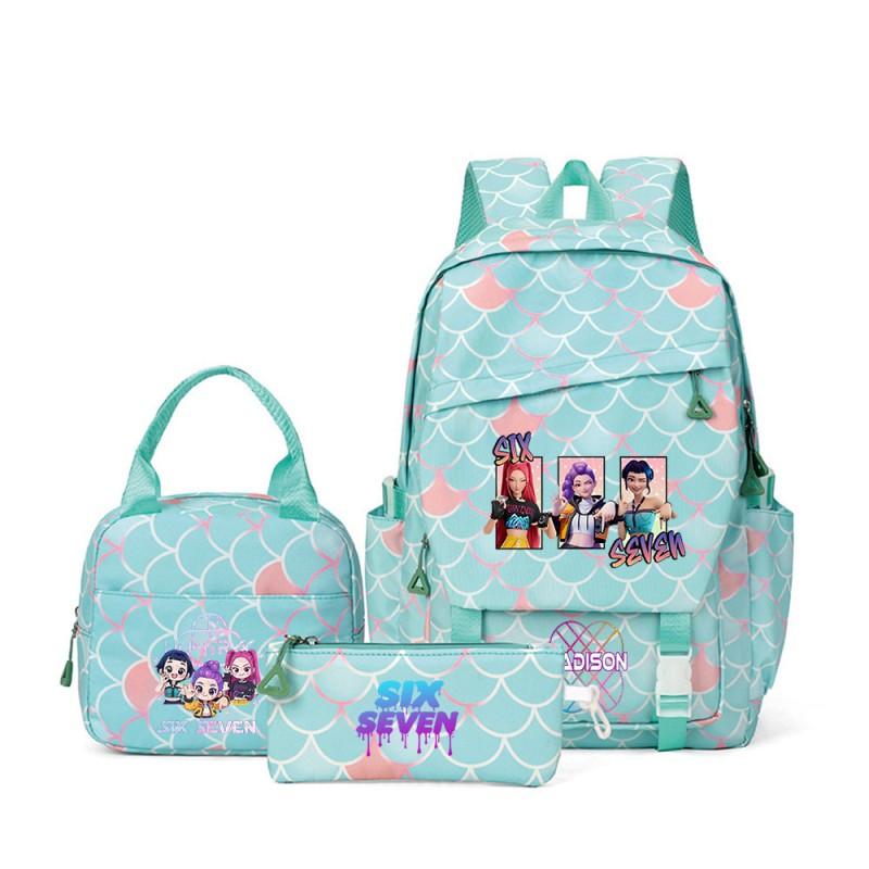 Kids Cartoon Print School Backpack Set Grades 3-4 Waterproof Oxford Fabric Ergonomic Shoulder Straps 3-Piece Travel Lunch