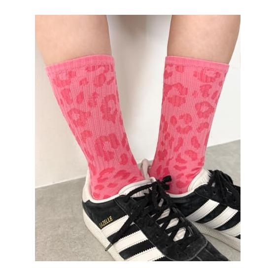 [Wego] Leopard Print Ribbed Socks, Gift Present, Women s, 23-25cm