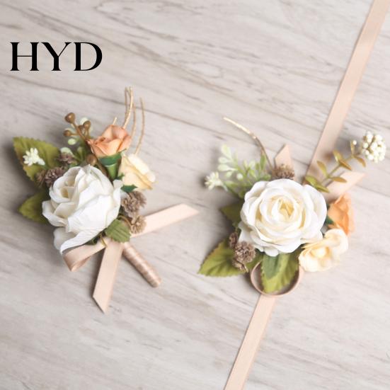 Elegant Rose Boutonniere Bud Wedding Flower Set, Wrist Corsage for Bride Bridesmaid Realistic Brooch & Groom Groomsman, Artificial Silk Floral