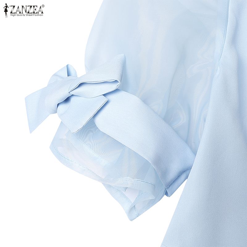 ZANZEA Womens Square Collar Casual Mesh Splice Short Sleeve A-Line Dress
