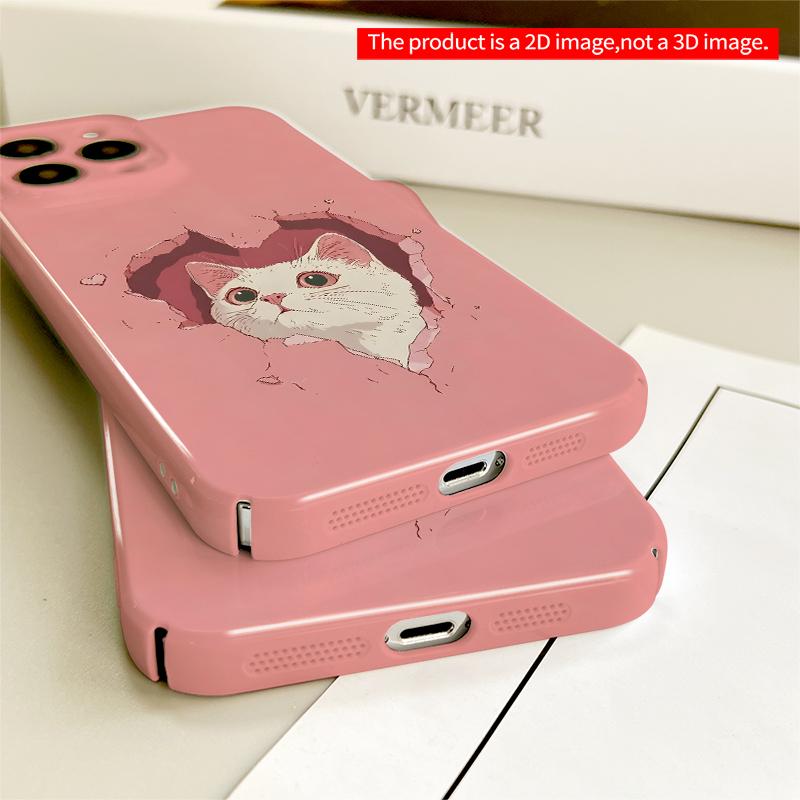 2DFlat White Cat Peeking Through Pink Heart Hole All inclusive film hard iPhone case, compatible with iPhone 18 Pro Max 17 16 15 14 13 12 11