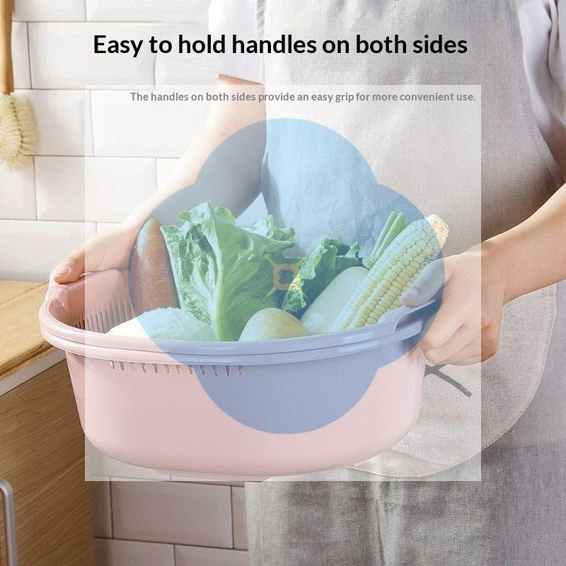 Double Layer Plastic Colander Set Thick Drain Basket Vegetable Fruit Washing Bowl For Kitchen Food Prep Storage Washing