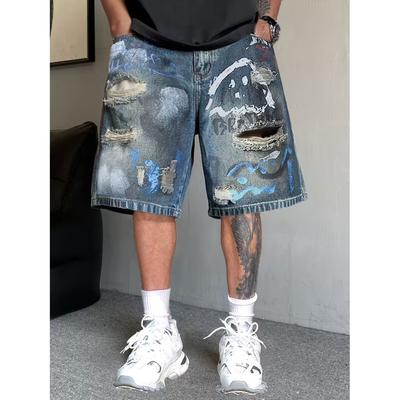 American Trend Hand-painted Graffiti Print Ripped Denim Shorts Men's Summer Fashion Loose Five-point Pants Trendy Hand-painted Graffiti Denim Shorts