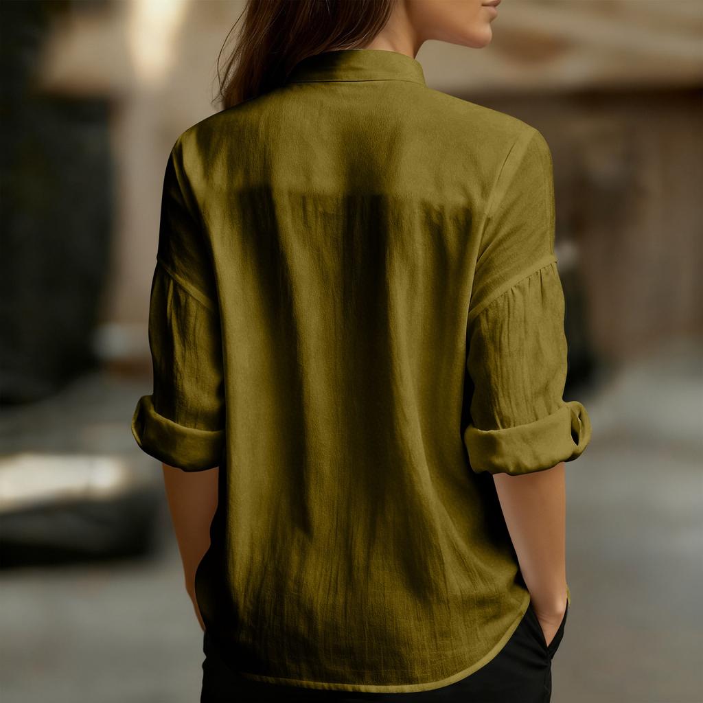 Women's Fashionable Color V,neck Long Sleeved Button Down Casual Shirt Top