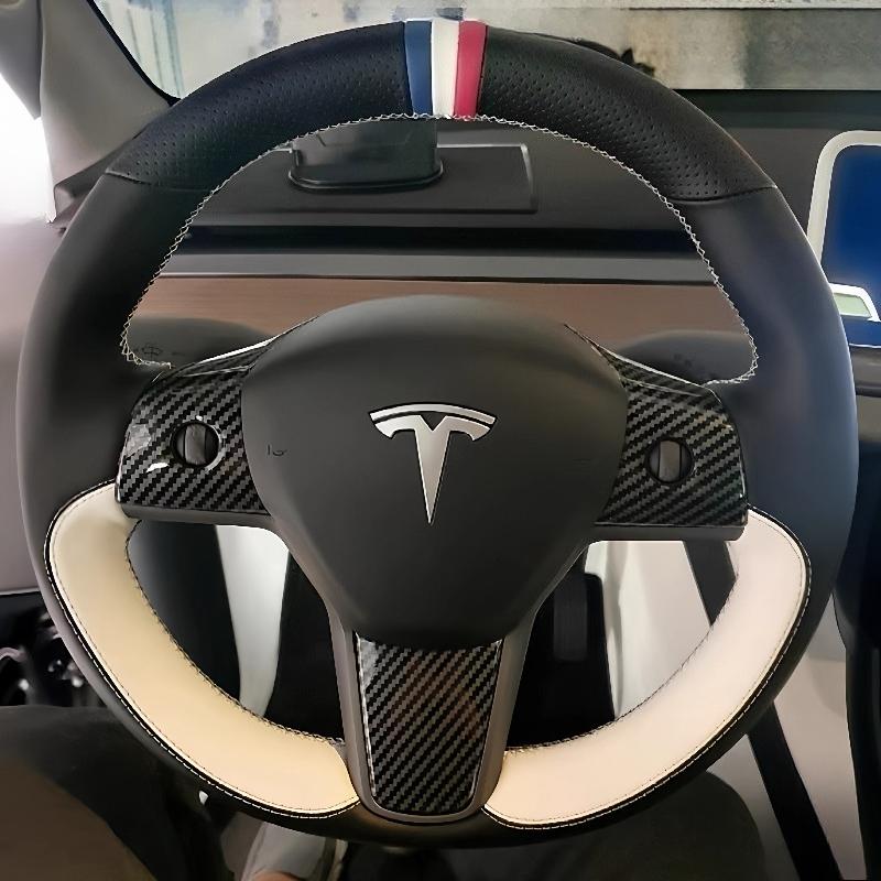 

Для Tesla Model 3 Model Y 2018- Черно-белая кожаная чехол на руль автомобиля, сшитый вручную, нескользящий 1