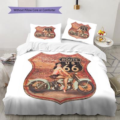 ROUTE66 Pattern Bedding Quilt Set Quilt Cover Pillowcase Home Decoration Birthday Gift (1 * Duvet Cover + 2 * Pillowcase, Without Core)
