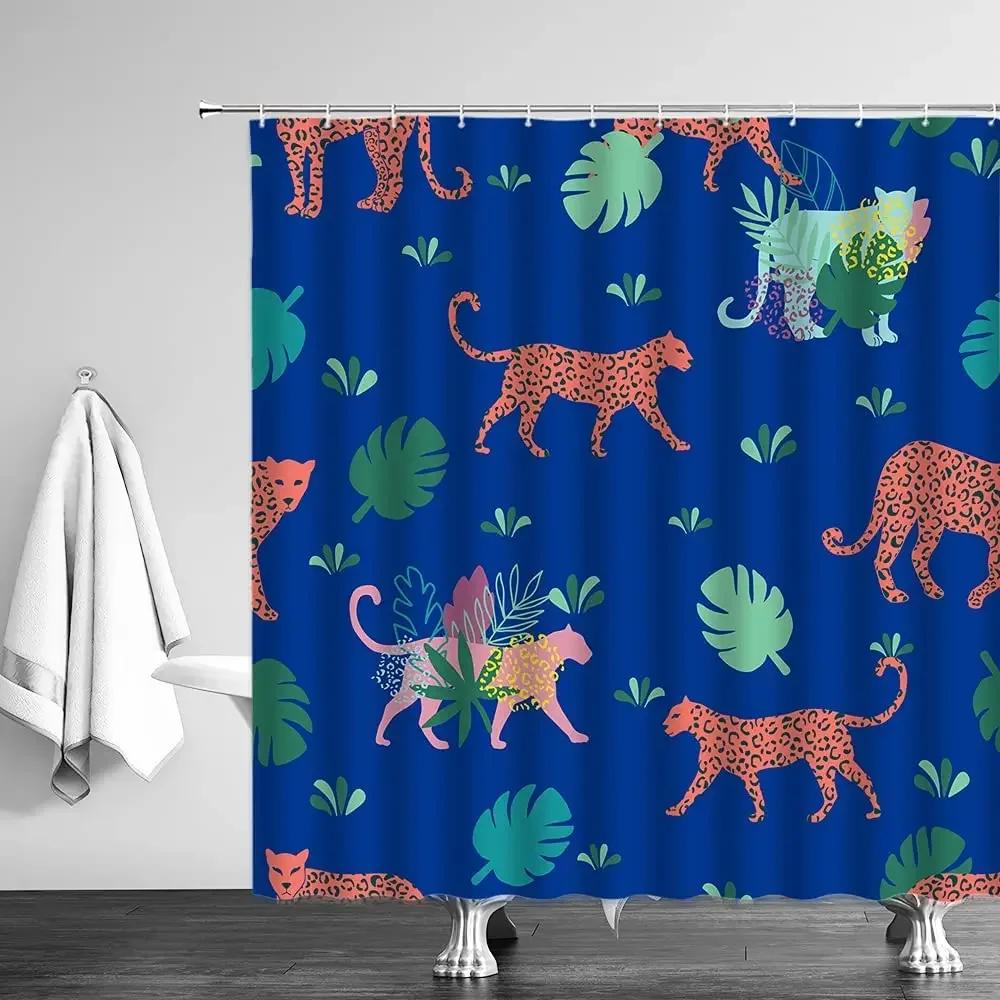 Leopard Shower Curtains Tropical Jungle Wildlife Cheetah Tiger Plant Green Palm Banana Leaves Monstera Watercolor Bathroom Decor