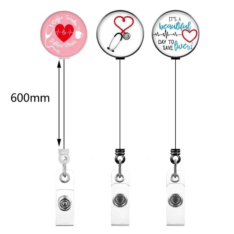 Estetoscopio de amor rosa, Clip para tarjeta de identificación fácil de tirar, Porta credencial, carrete de insignia de enfermera, cordones, soporte para tarjeta de identificación, llavero retráctil