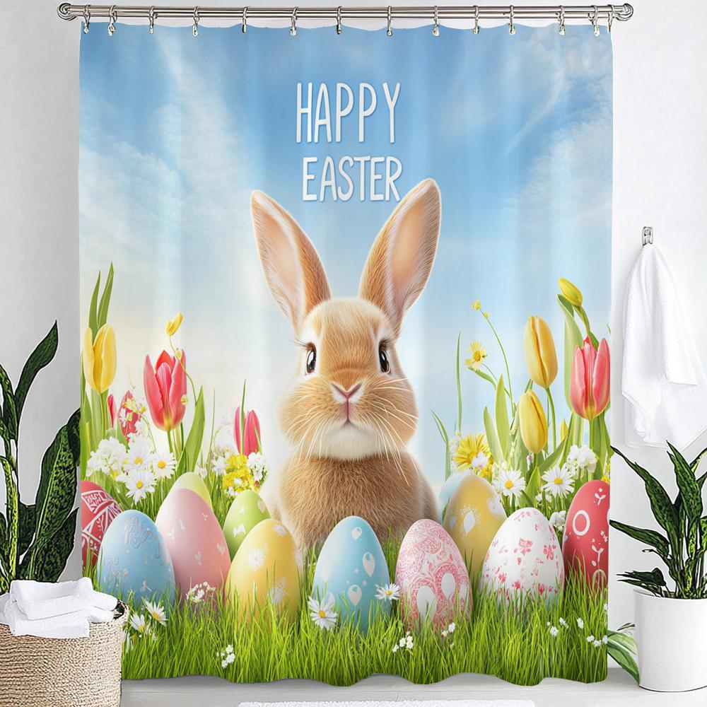 Cute Bunny Shower Curtain, Floral Colorful Eggs Wooden Plank Bowknot Bathroom Decorative Curtain, Waterproof Shower Curtain
