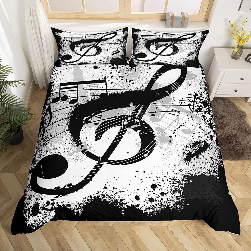 Black White Piano Keys Musical Symbols 3D Printed Bedding Set Cozy Duvet Cover King Queen Twin Size Birthday Gift Bedroom Decor