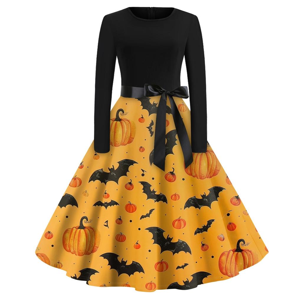 Halloween Print Flare Dress For Women Long Sleeve Dress Hollow Party Casual Round Neck Dresses