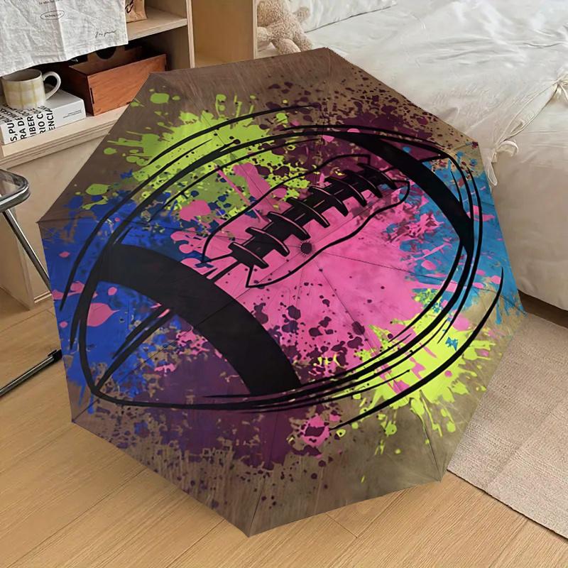Colorful Football Splash Art Automatic Opening/Closing Umbrella - Portable Tri-Fold Design with 8-Bone Iron Frame, Perfect for Fans, Travele