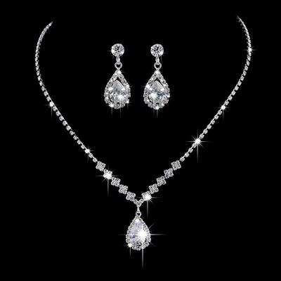 3PC Wedding Season Women's Fashion Copper Inlaid Water Drop Necklace Earrings Zircon Set Wedding Banquet Party Holiday Gift