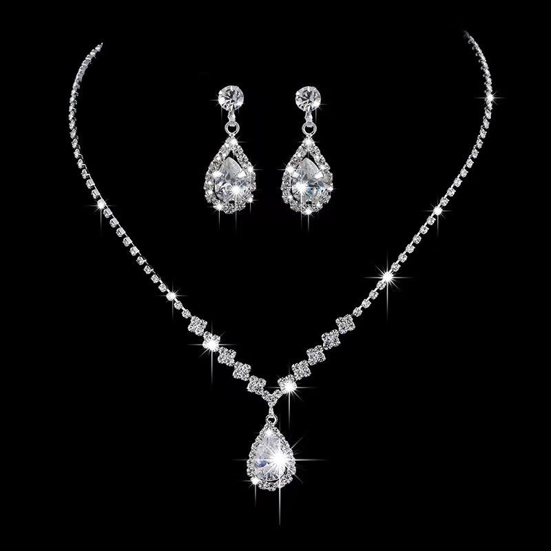 3PC Wedding Season Women's Fashion Copper Inlaid Water Drop Necklace Earrings Jewelry Set Wedding Banquet Party Holiday Gift