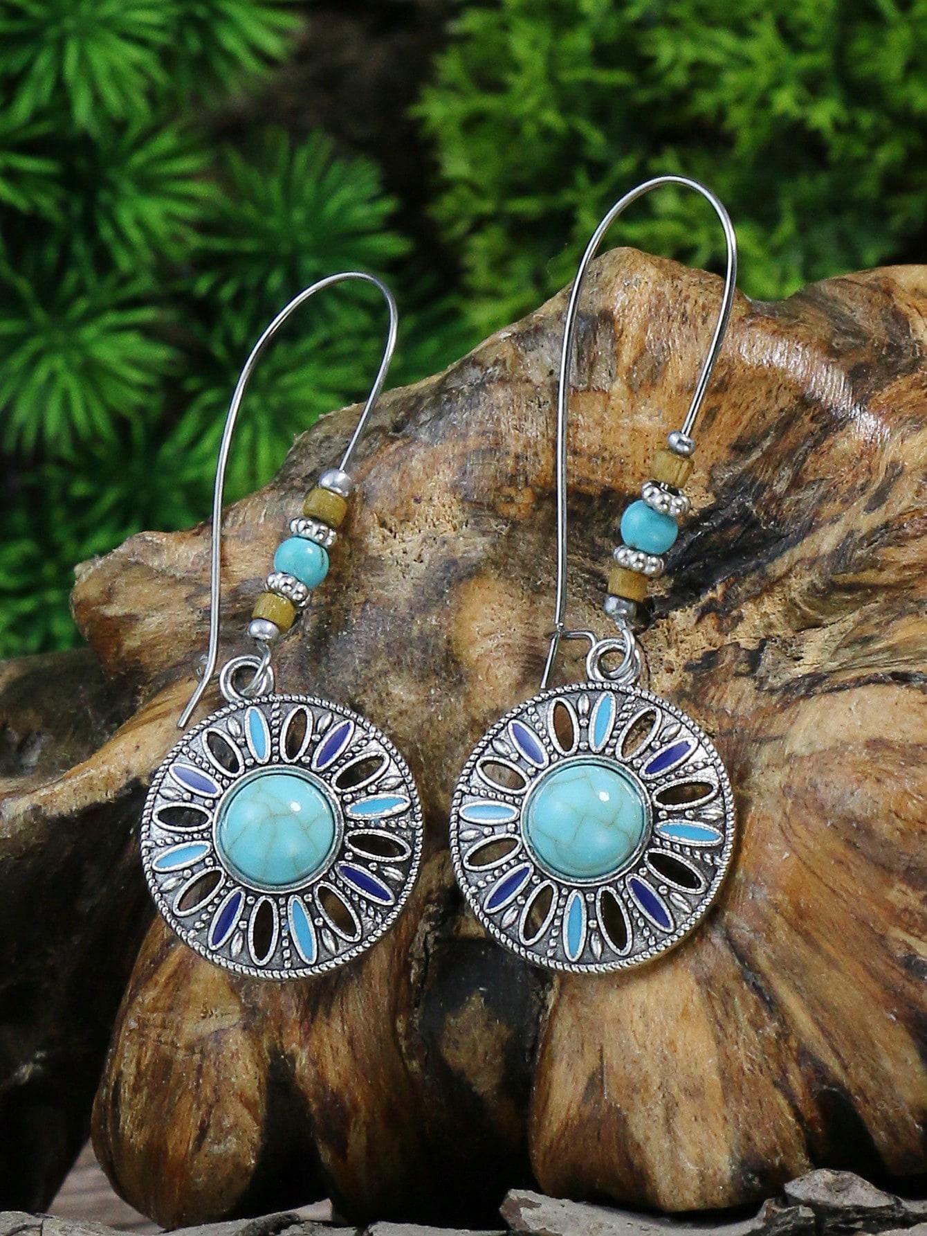 

Винтажные круглые серьги с инкрустацией бирюзой и цирконом, женские, в этническом стиле, длинные