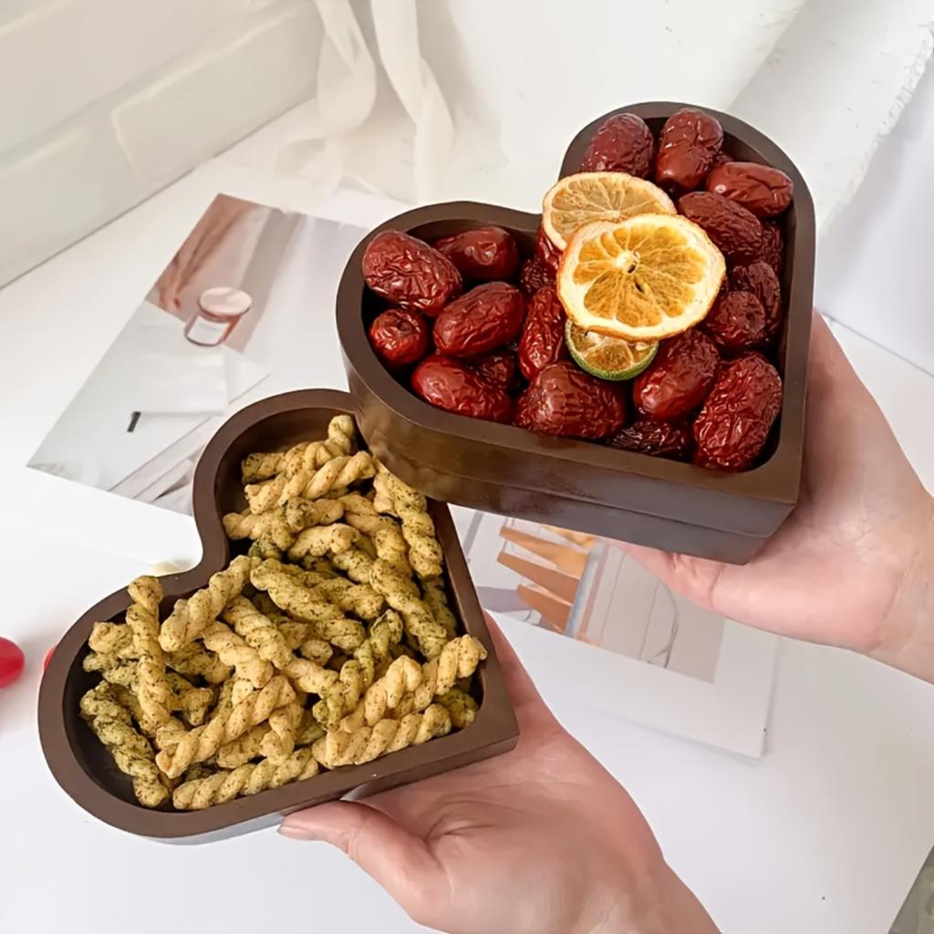 1pc Creative Heart Shaped Wood Tray - Stacked Walnut-Colored Tray, Serving Dried , , And Candy Living Room And Dining Tables, Multipurpose Wood Tr