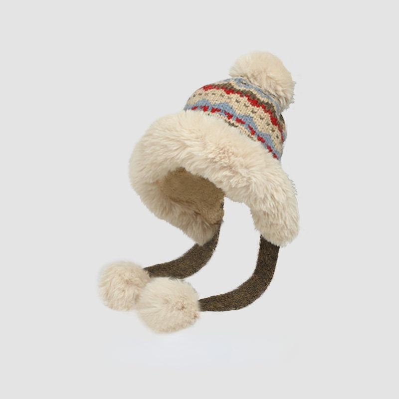 Winter fluffy plush ear protectors big head circumference knitted wool hat women