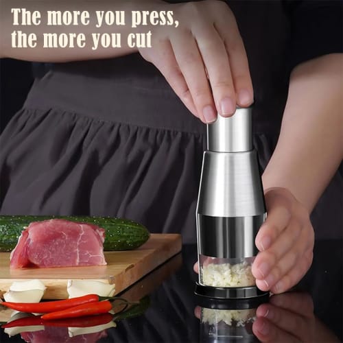 DIYBravo Garlic Press, Push-Type Garlic Crusher, Garlic Cutter with 1 Small Spoon, Stainless Steel Blocking Cup, for Onions, Ginger, Garlic, Chili Pep