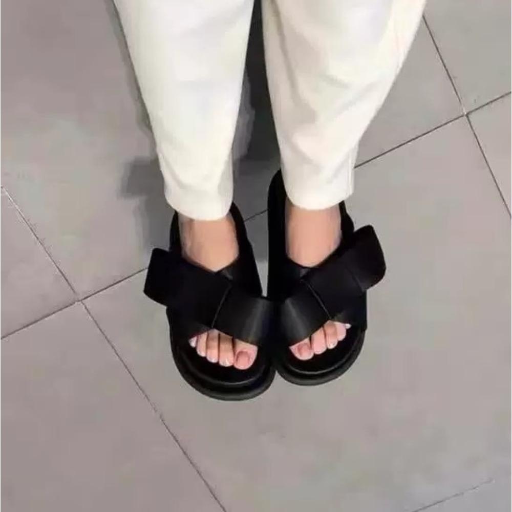 Fashion Women's Slippers 2025 Summer New Round Headed One-piece Slippers Womens Genuine Leather French Large Bow Thick Soled Women Shoes