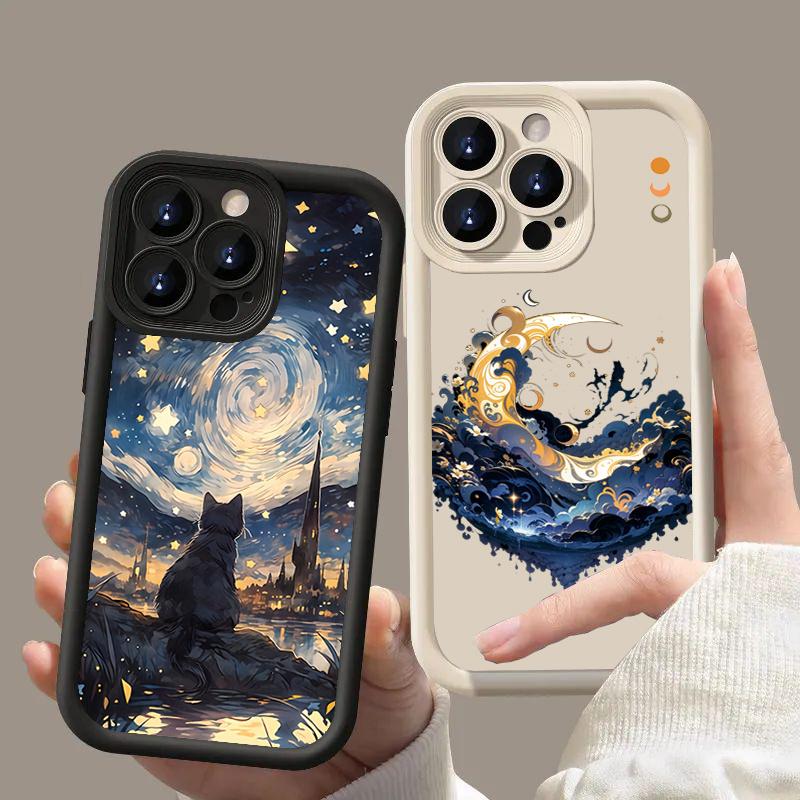 Starry Night Black Cat Moon Wave Silhouette Art  Phone Case for iPhone 17 16 15 14 13 12 11 Series Pro Max Plus