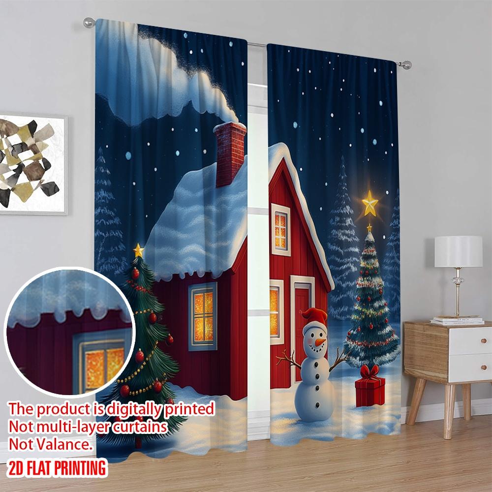 2pcs,2D plane printing Popular Curtain Panels Christmas Cabin Snowman Tree (4) Versatile Durable Polyester (without rod)