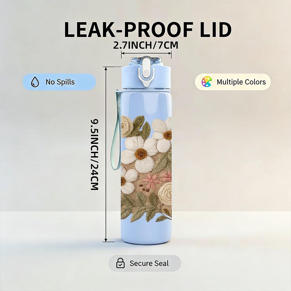 1PC Soft White Beige Wild Flower Print 750ml Color Plastic Sports Water Bottle Leakproof Flip Straw Lid Suitable for Sports Office Home Use