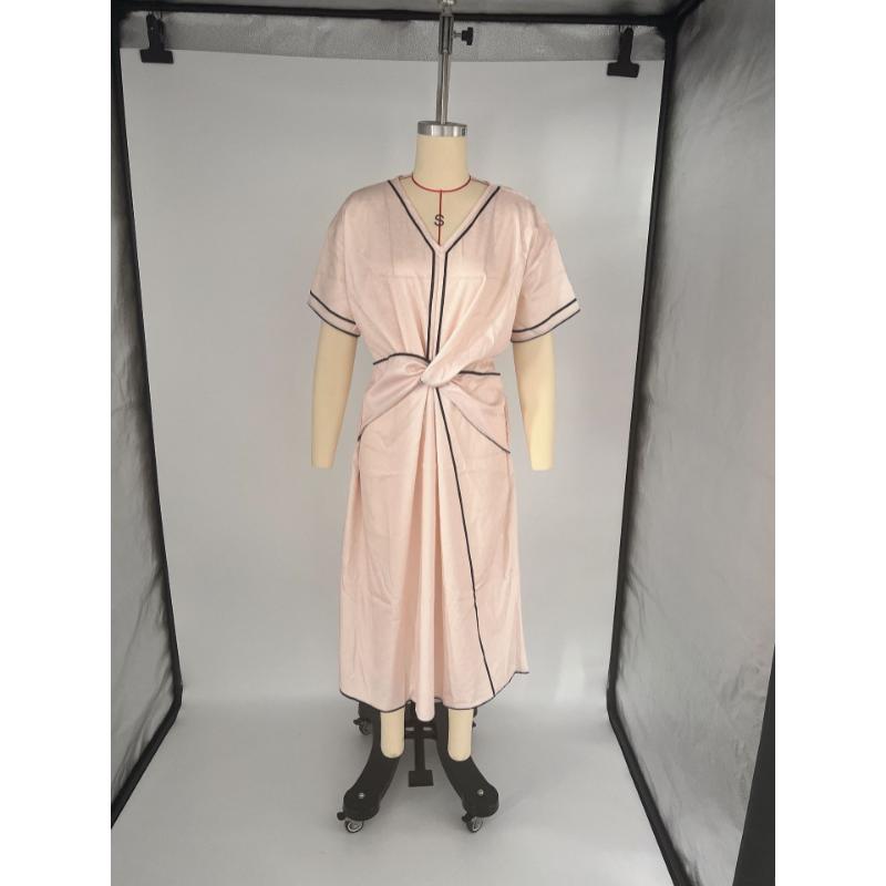 Women's Boho Contrast Trim Maxi Dress V Neck Short Sleeve Twist Waist Loose Elegant Summer Casual Office Vacation Long Dress