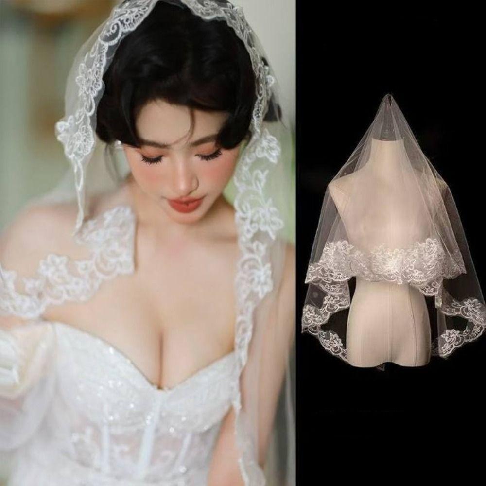 Lace Flower Bridal Veil Long Bride Head Gauze Elegant Wedding Veils  Wedding Accessories