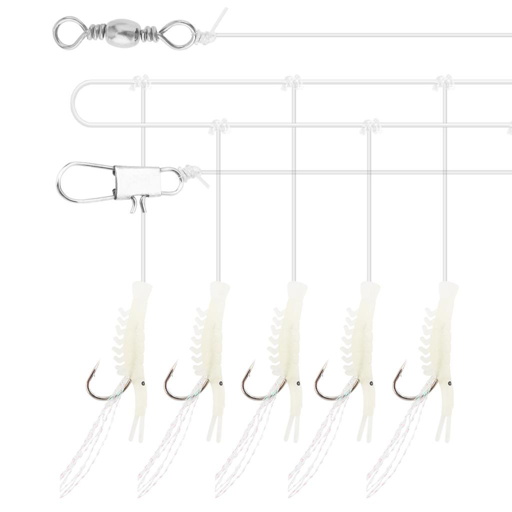 6 Pack Glow in Dark Saltwater Shrimp String Hooks 5 Hooks High Visibility Pre-Rigged 1-6 Mixed Sizes Fishing Lure Bait Tackle Kit