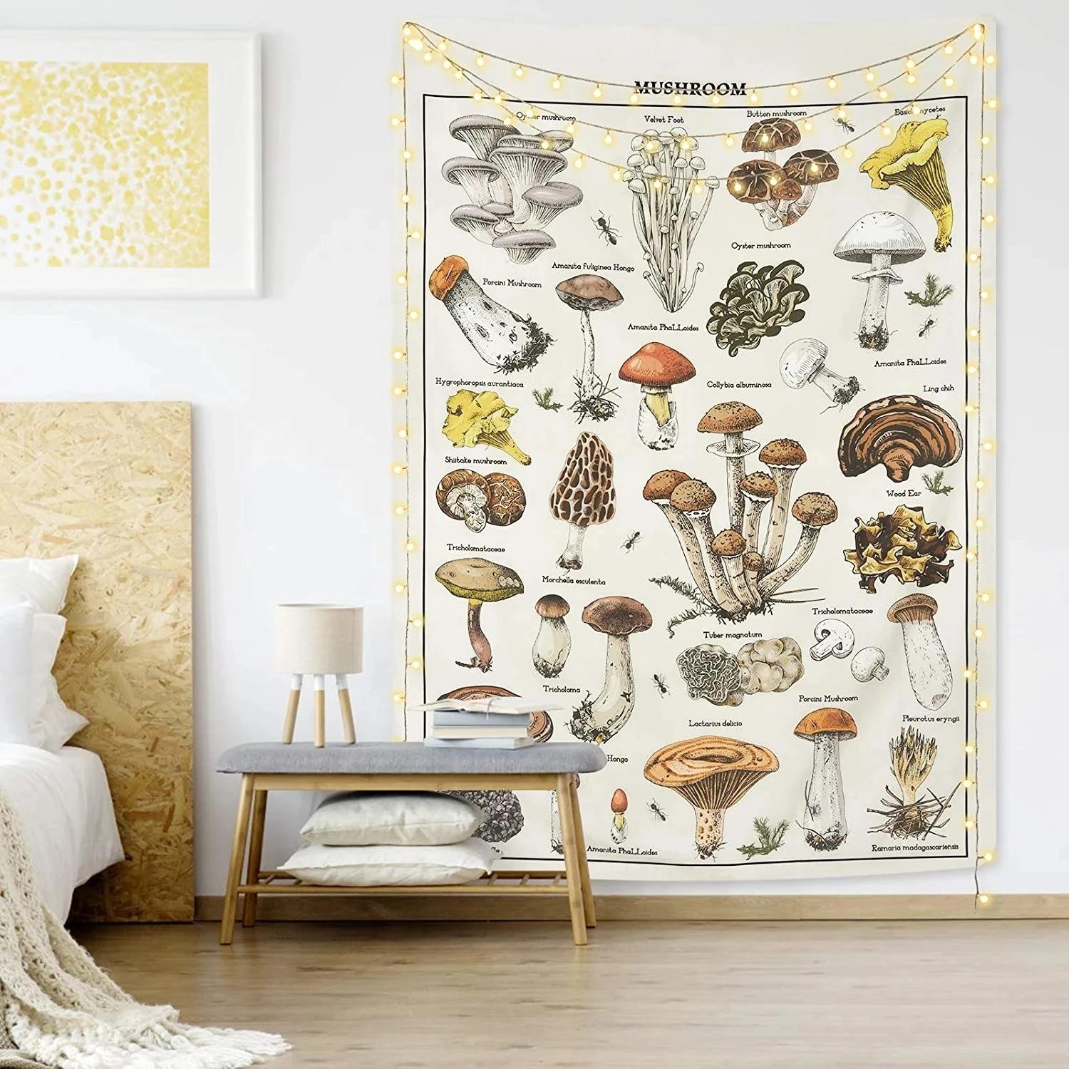 Mushroom Tapestry Vintage Beige Tapestry Illustration Reference Chart Tapestry Aesthetics Tapestry Color Vertical Tapestry Wall 100X70CM