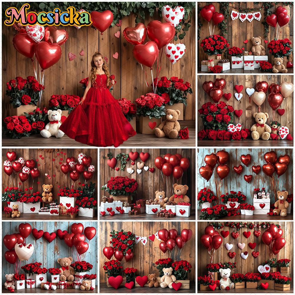 Mocsicka Valentine's Day Photo Backdrop Red Rose Love Balloons Flowers Bear Wallpaper Decorations Girl Woman Wedding Backgrounds