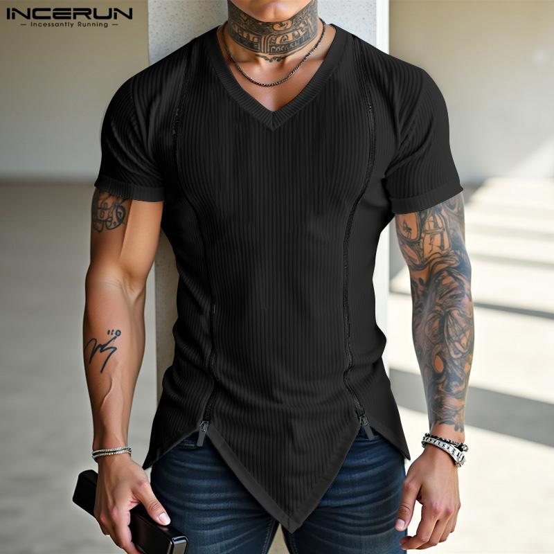 INCERUN Summer Men V Neck Short Sleeve Zip-up Casual Skinny Rib T-shirts Tops