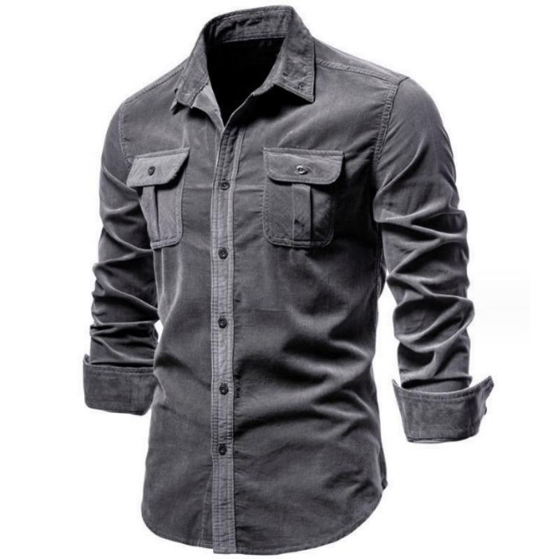 Men Corduroy Button Down Shirt Long Sleeve Casual Workwear With Chest Pockets