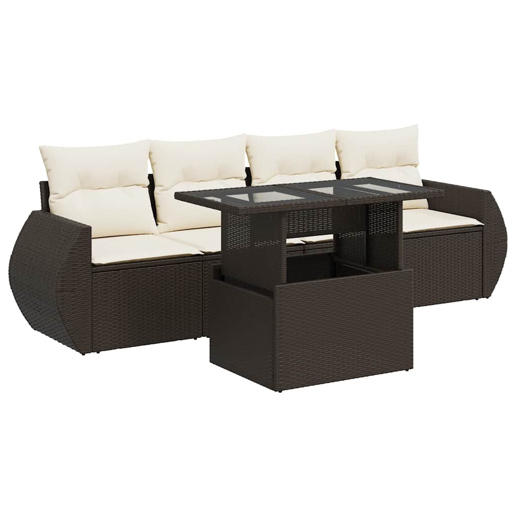 5 Piece Garden Sofa Set with Cushions Brown Poly Rattan