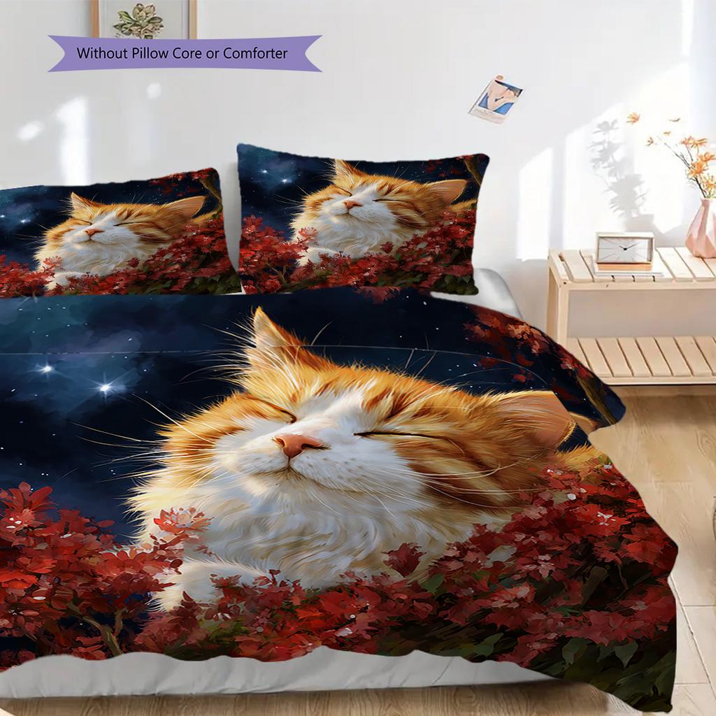 Ginger Cat Pattern Bedding Quilt Set Quilt Cover Pillowcase Home Decoration Birthday Gift (1 * duvet cover + 2 * pillowcase, without core)