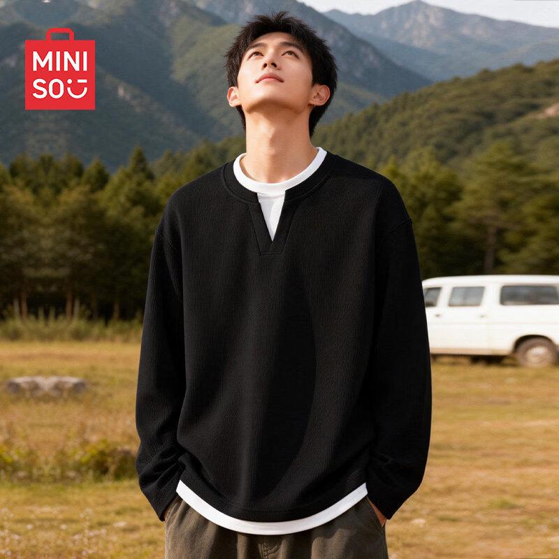 MINISO Men's Waffle Faux Two-Piece V-Neck Long Sleeve T-Shirt