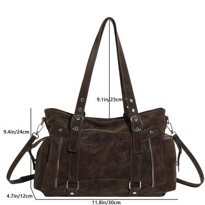 Y2K Steampunk Damen Tragetasche Einfarbig Wildleder PU Umhängetasche Nieten Mehrere Taschen Verstellbarer Riemen Handtasche für Pendeln Einkaufen