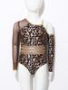 Kids Girls Leopard Printed Gymnastics Ballet Leotards Dance Performance Costume Rhinestones Caveman Jumpsuit with Oversleeve