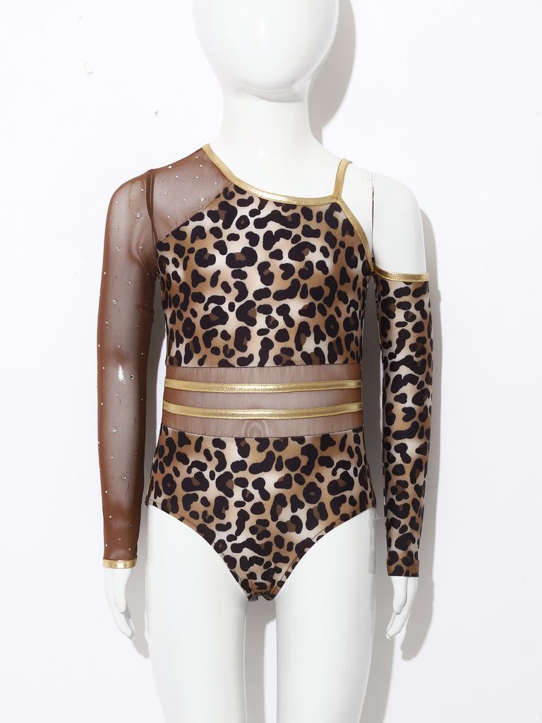 Kids Girls Leopard Printed Gymnastics Ballet Leotards Dance Performance Costume Rhinestones Caveman Jumpsuit with Oversleeve