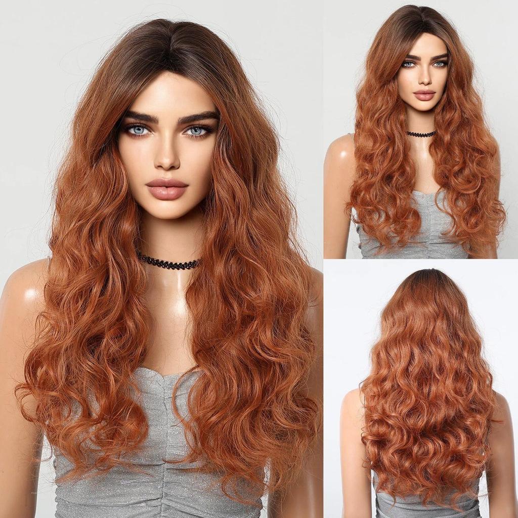 LOUIS FEREE Long Wavy Wig With Bangs Red Brown Ginger Copper Synthetic Wigs for Women Natural Wave Curly Wigs Heat Resistant Hair for Daily