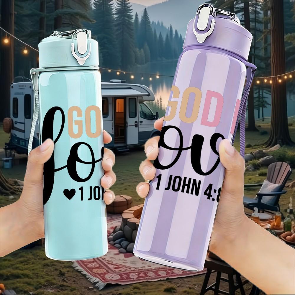 1PC God Is Love Handwritten Letter 750ml Color Plastic Sports Water Bottle Leakproof Flip Straw Lid Suitable for Sports Office Home Use