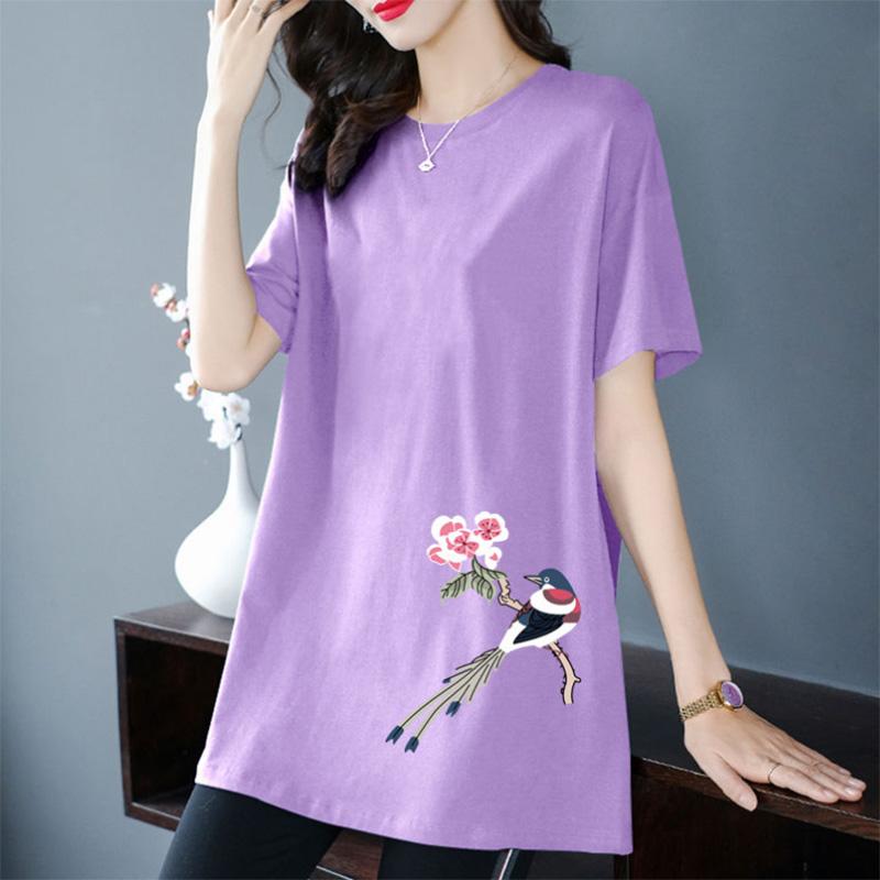 

100% хлопок, футболка средней длины с короткими рукавами, женская летняя однотонная футболка с рисунком, универсальный тонкий модный топ средней длины S фиолетовый