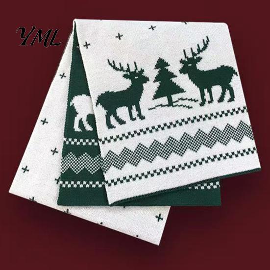Thick Polyester Scarf for Autumn Winter Knitted Women, Reversible Fair Isle Snowflake Reindeer Outdoor Neck Wrap Scarf, Soft Warm Long Christmas