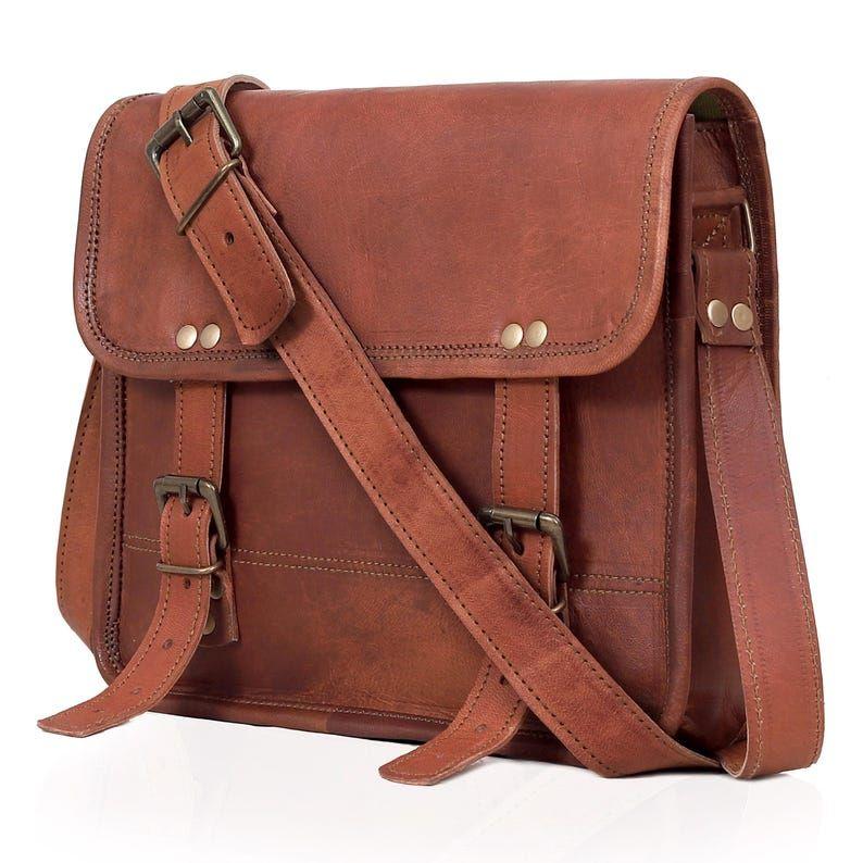 Goat Leather Messenger Bag: Personalized Tablet Satchel, Brown Crossbody