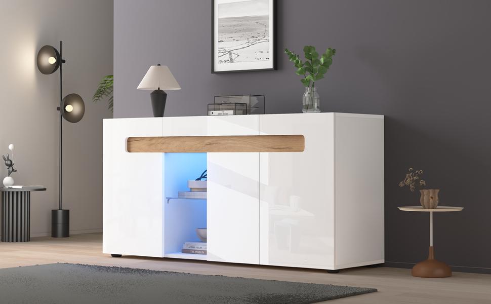 Modernes 3-türiges Sideboard, LED-Lichtsteuerung, App-Steuerung, 140x40x70 cm Hochglanz Wohnzimmermöbel, Weiß mit Glasboden, Aufbewahrungsschrank