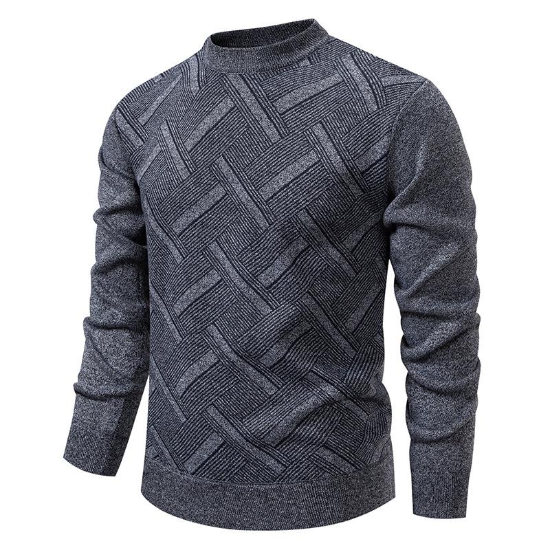Autumn and Winter New Men's Fashion Trendy Striped Sweater Plus Velvet Thickened Casual Round Neck Warm