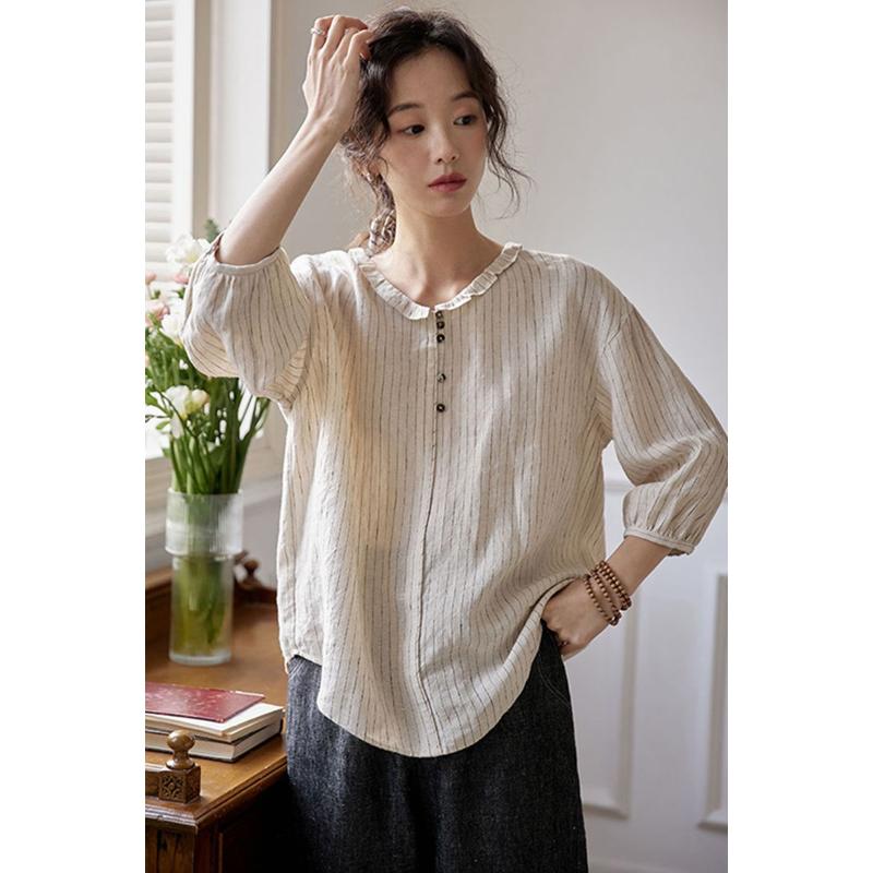 Женская весенняя литературная хлопково-льняная блузка с оборками на воротнике, полосатая, свободного кроя, повседневный топ L