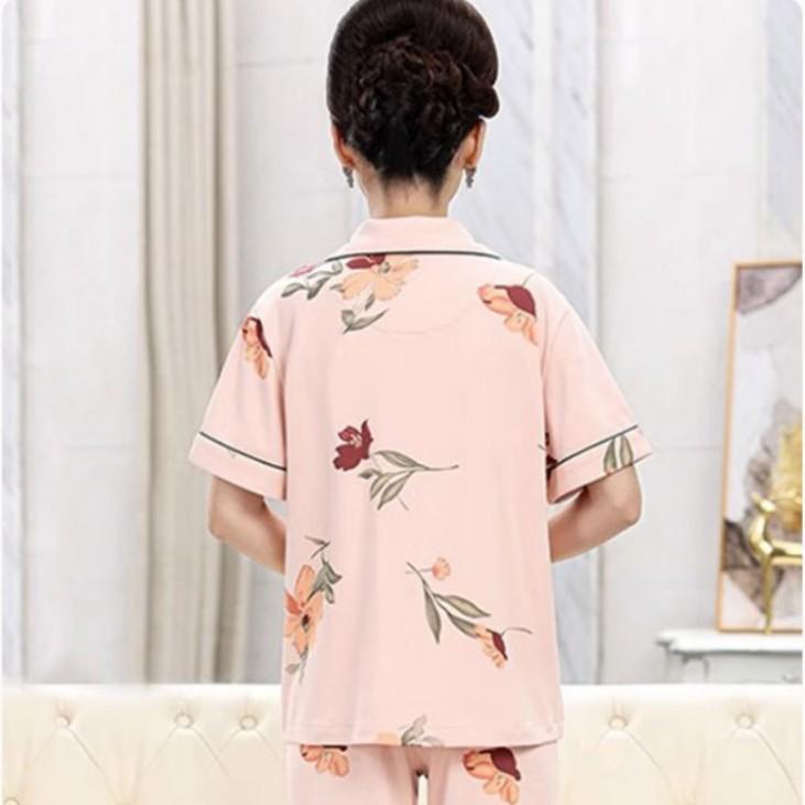 Summer flower mother pajamas middle-aged women's suit cardigan short-sleeved shorts loose and comfortable high-end loungewear