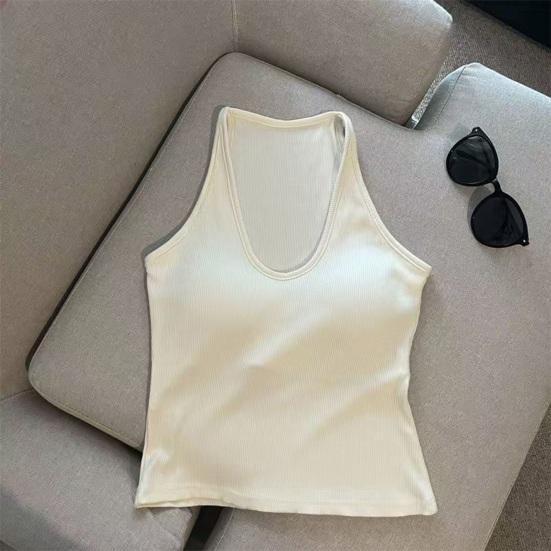 Dame V-hals Halter Polstrede Tanktoppe Ribbet Dobbeltforede Ærmeløse Basis Skjorter med Indbygget BH Sommer Sexede Gå-ud Toppe